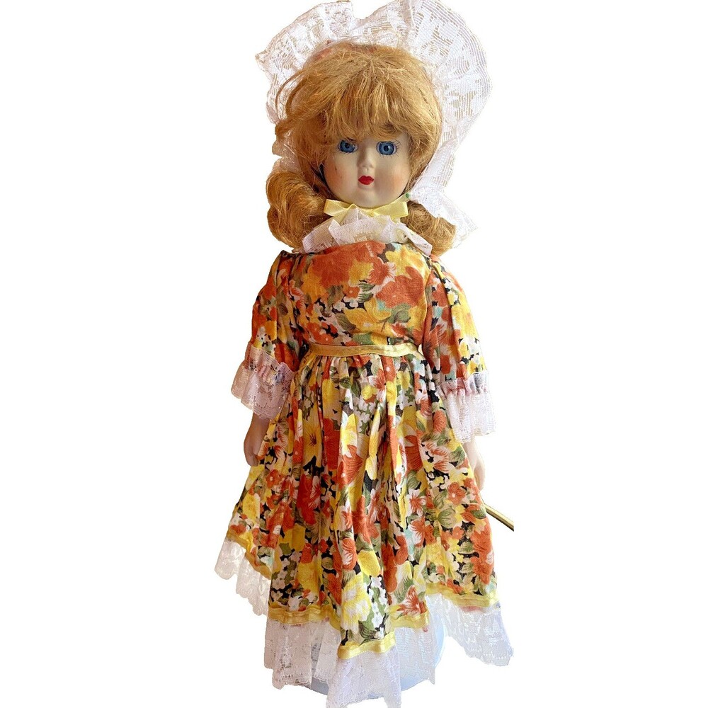 Vintage Porcelain Doll Blonde Curls Blue Eyes Floral Lace Bonnet Country 13 inch